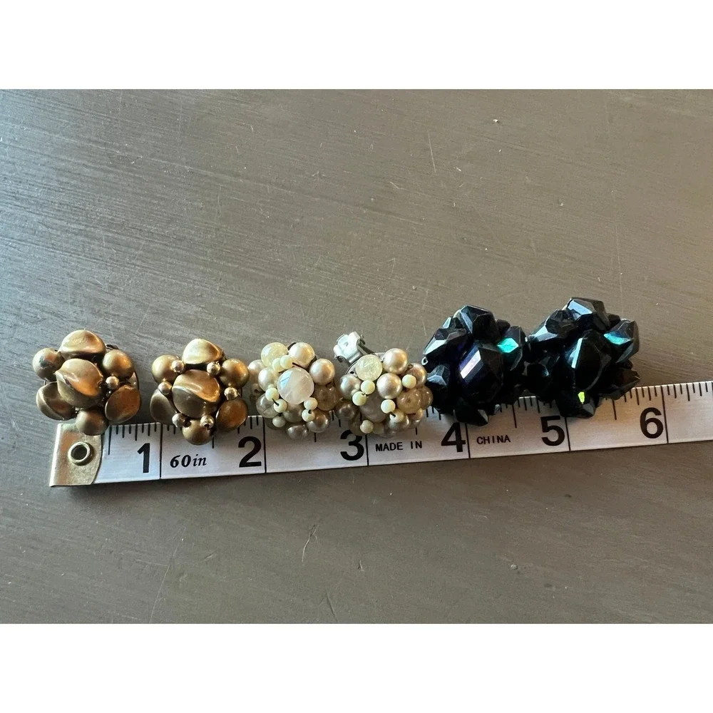 Vintage Cluster Clip-On Earrings 3 Pair Set Black Gold Cream West Germany Japan